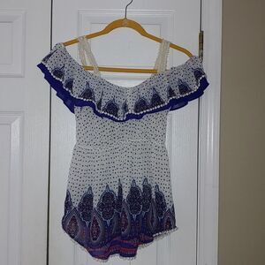 Jolt white blue off the shoulder boho top Sz XS